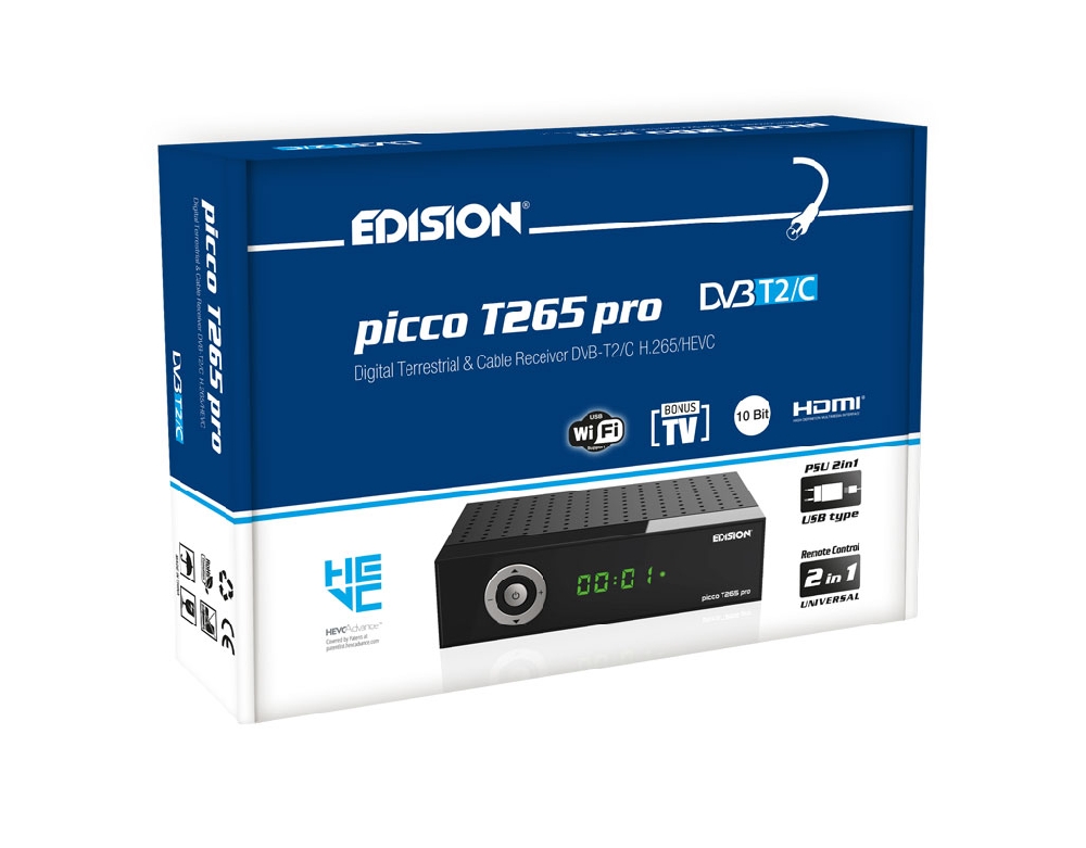 Edision Picco T265 PRO - DVB-T2/C - H265 - HEVC - 10 BIT - 5V - Convient  également