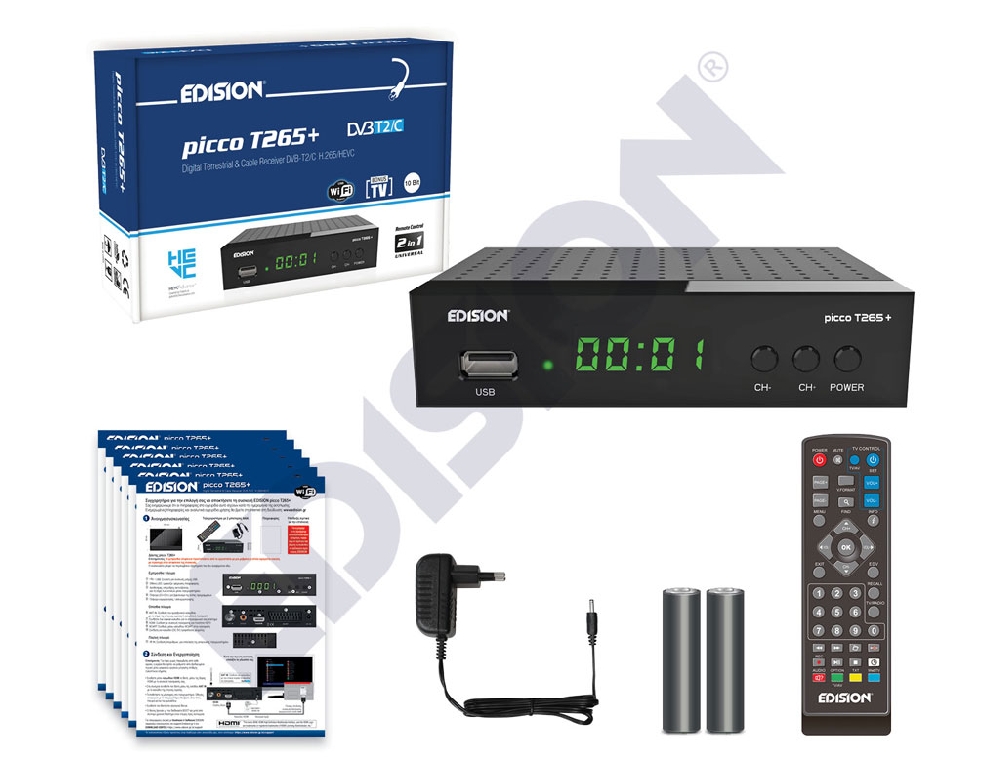 Edision Picco T265+ Receptor Terrestre TDT DVB-T2 y por Cable DVB-C, H265  HEVC FTA Full HD PVR, USB, HDMI, SCART, S/PDIF, Sensor IR &  Basics -  Cable HDMI 2.0 de Alta