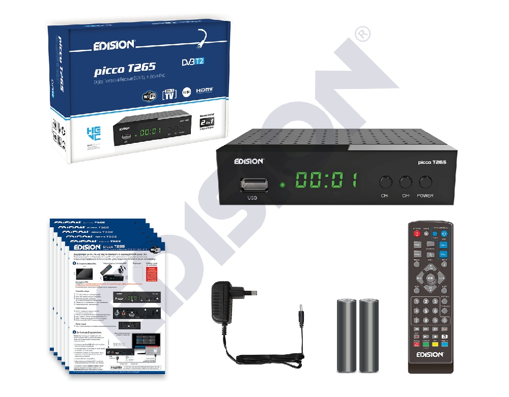 Edision Picco T265+ Receptor Terrestre TDT DVB-T2 y por Cable DVB-C, H265  HEVC FTA Full HD PVR, USB, HDMI, SCART, S/PDIF, Sensor IR, Soporte USB  WiFi, Mando a Distancia Universal 2en1 